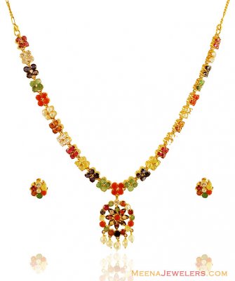 Rare 22k Gold Multi Stone Necklace ( Combination Necklace Set )