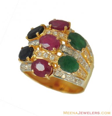 Gold Ruby, Emerald Sapphire Ring ( Ladies Rings with Precious Stones )