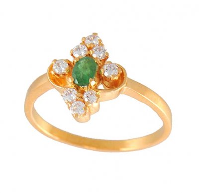 Gold Ring with Emerald and CZ ( Ladies Rings with Precious Stones )