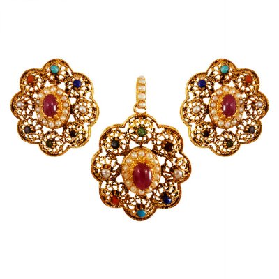 22K Gold Stones Pendant Set ( Antique Pendant Sets )