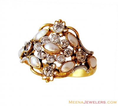 22k Fancy Antique Pearl CZ Ring  ( Ladies Rings with Precious Stones )