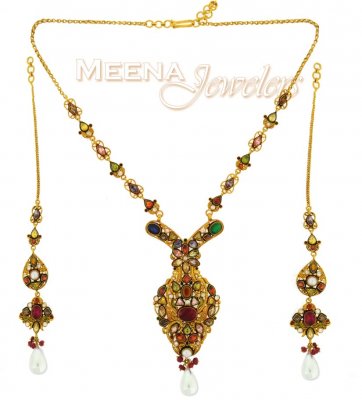 22Kt Antique Gold Necklace Set ( Antique Necklace Sets )