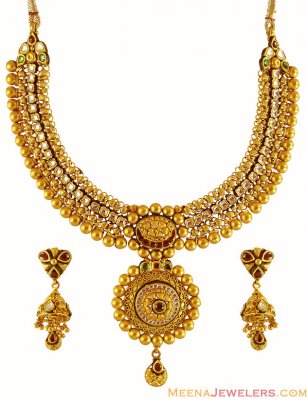 22K Antique Gold Necklace Set ( Antique Necklace Sets )