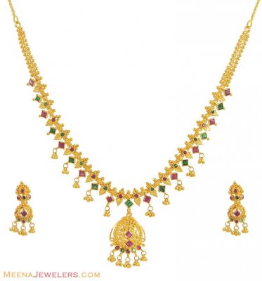 Ruby, Emerald Necklace Set (22K) ( Combination Necklace Set )