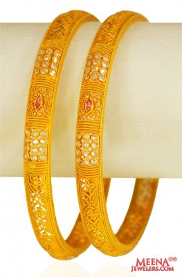 22Kt Rose Gold Polki Bangles (2pcs) ( Antique Bangles )