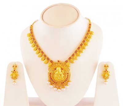 22K Ruby Temple Necklace Set ( Gold Designer Sets )