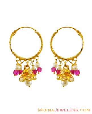 22K Gold Pearl and Crystals Hoops ( Hoop Earrings )