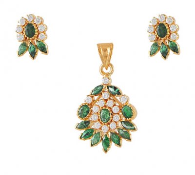 22Kt Gold Pendant Set With Emerald n Cz  ( Precious Stone Pendant Sets )