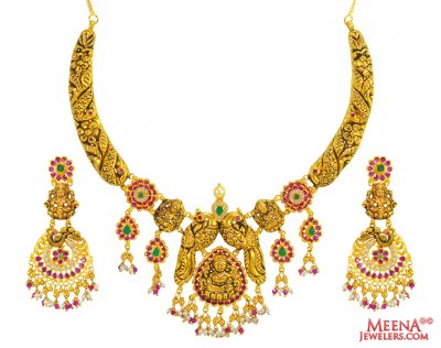 22K Gold Temple Necklace Set ( Antique Necklace Sets )