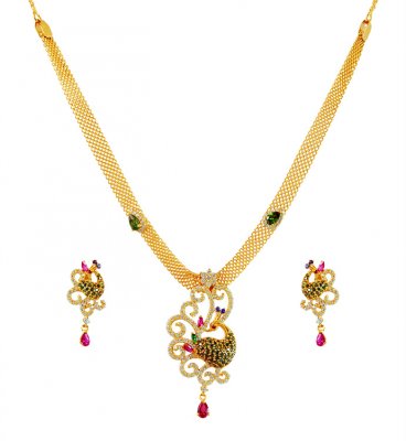 22K Peacock Signity Necklace Set  ( Gold Designer Sets )