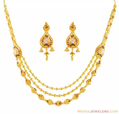 22k Three Tone Layered Necklace Set ( 22 Kt Gold Sets )