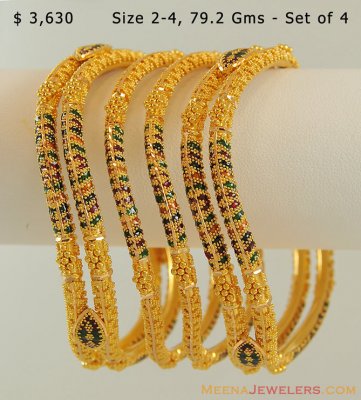 Gold Wavy MeenaKari Bangles ( set of 4) ( Set of Bangles )