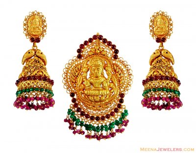 Pendant and Earring Set Temple 22K ( Antique Pendant Sets )